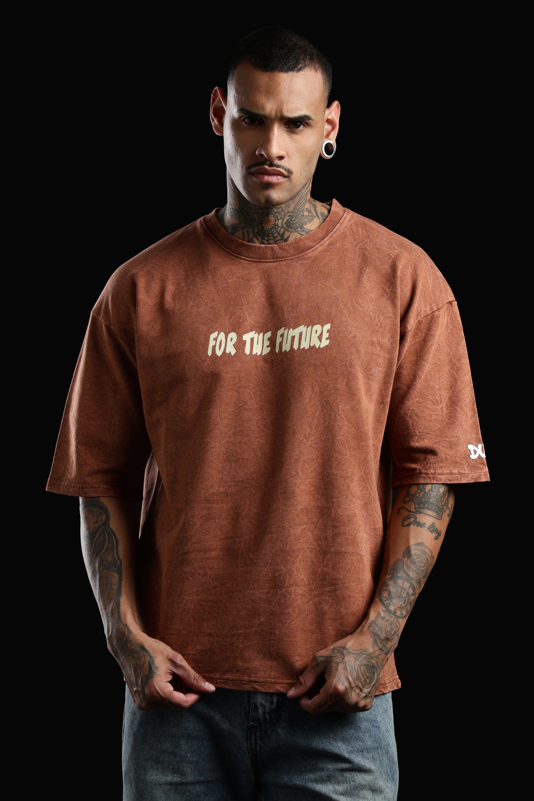DUIT “One Step Ahead” Graphic Oversized T-Shirt – Acid Wash Rust Brown