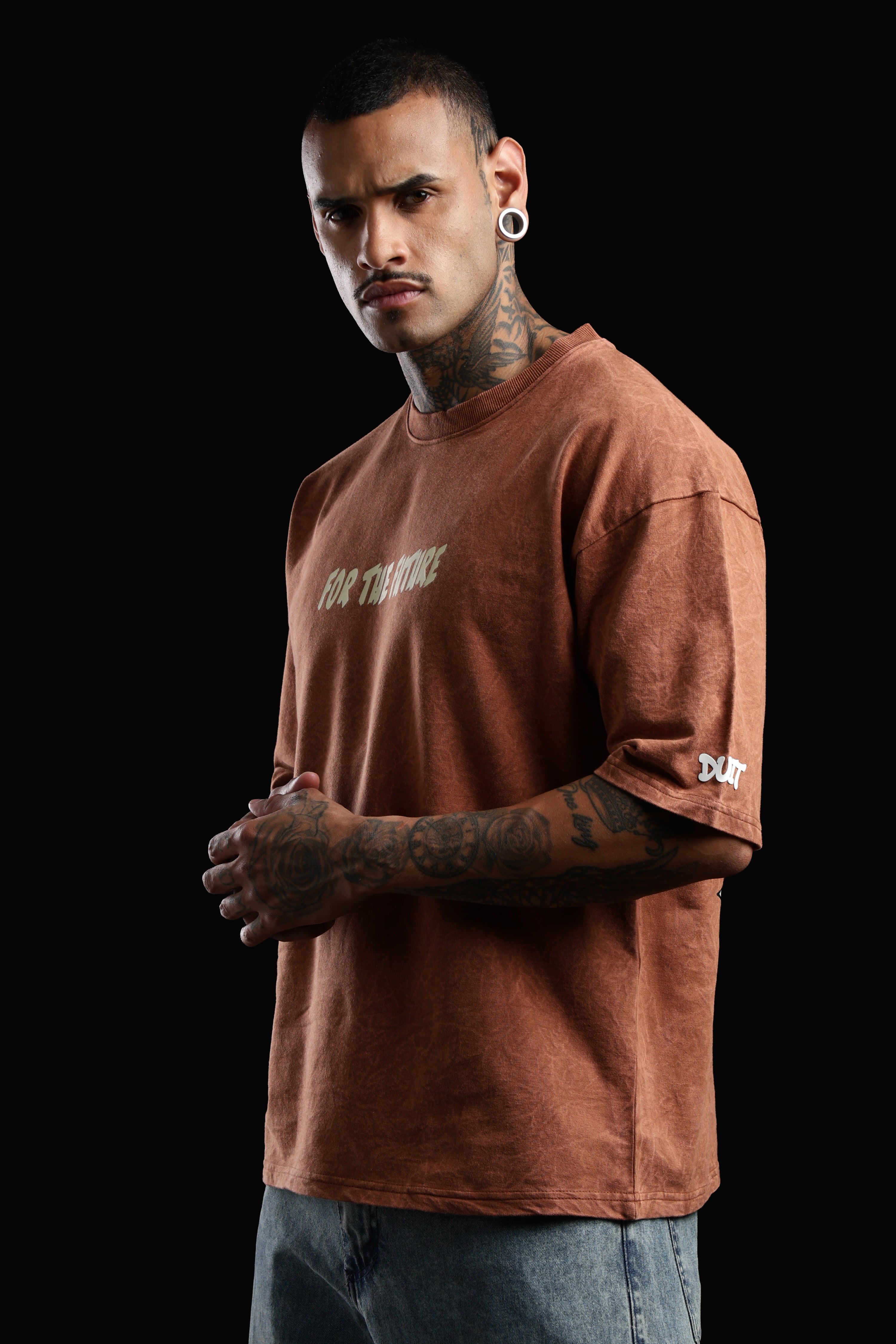 DUIT “One Step Ahead” Graphic Oversized T-Shirt – Acid Wash Rust Brown