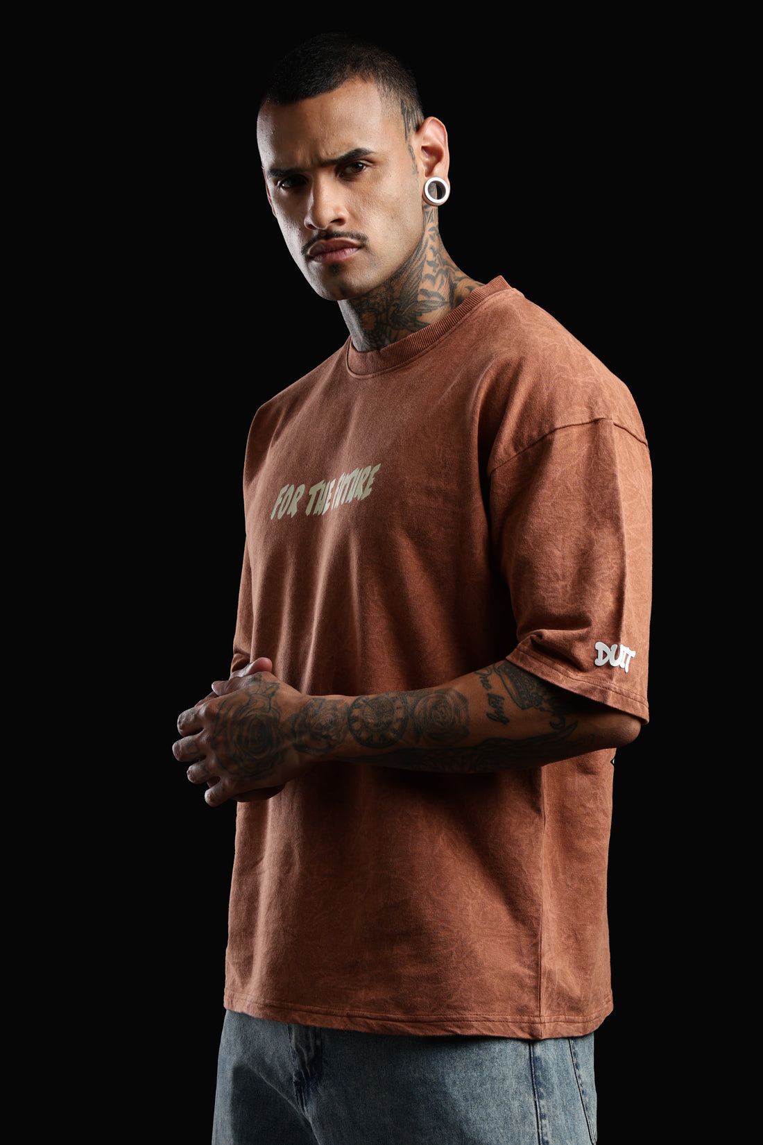 DUIT “One Step Ahead” Graphic Oversized T-Shirt – Acid Wash Rust Brown