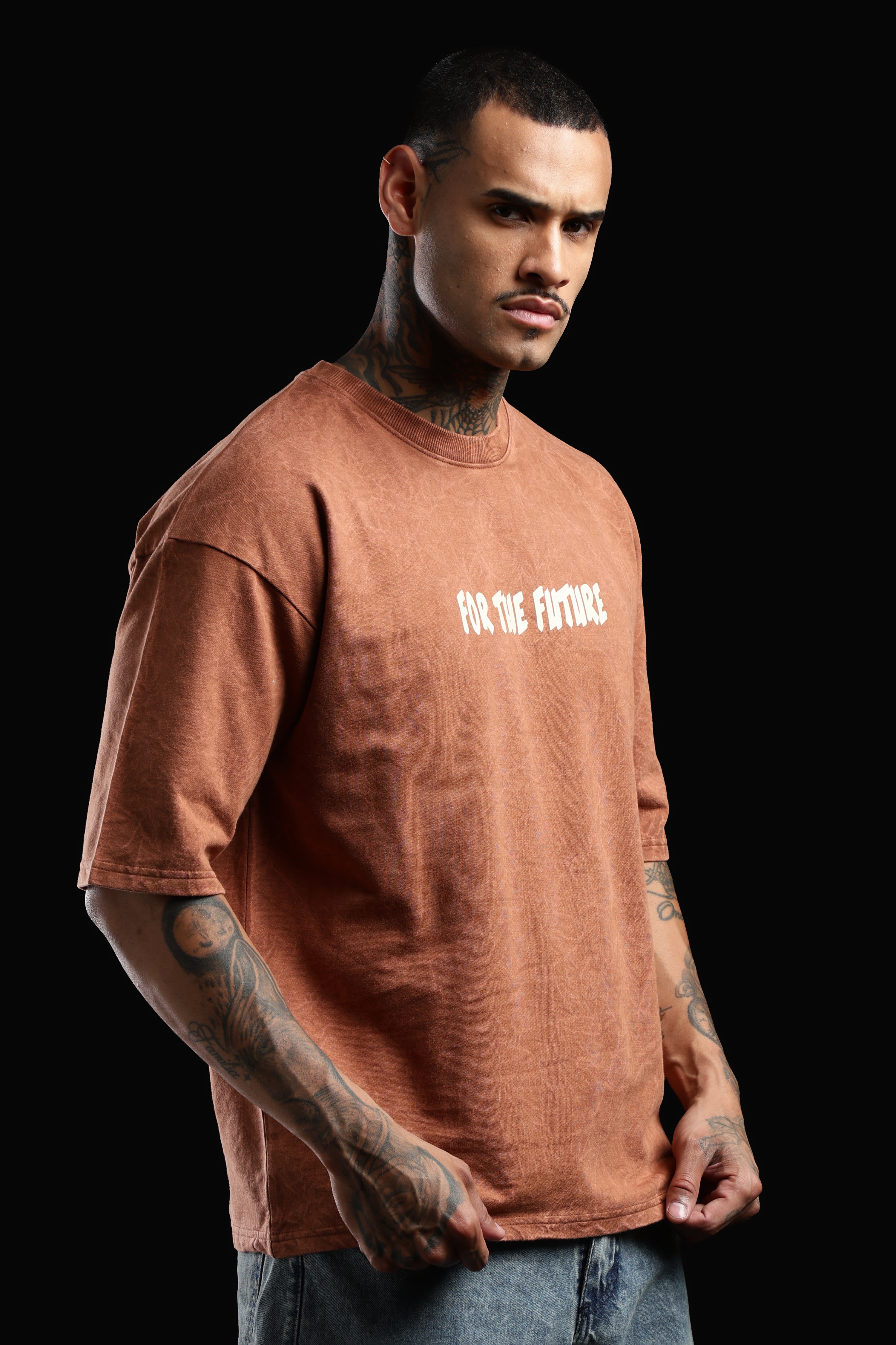 DUIT “One Step Ahead” Graphic Oversized T-Shirt – Acid Wash Rust Brown