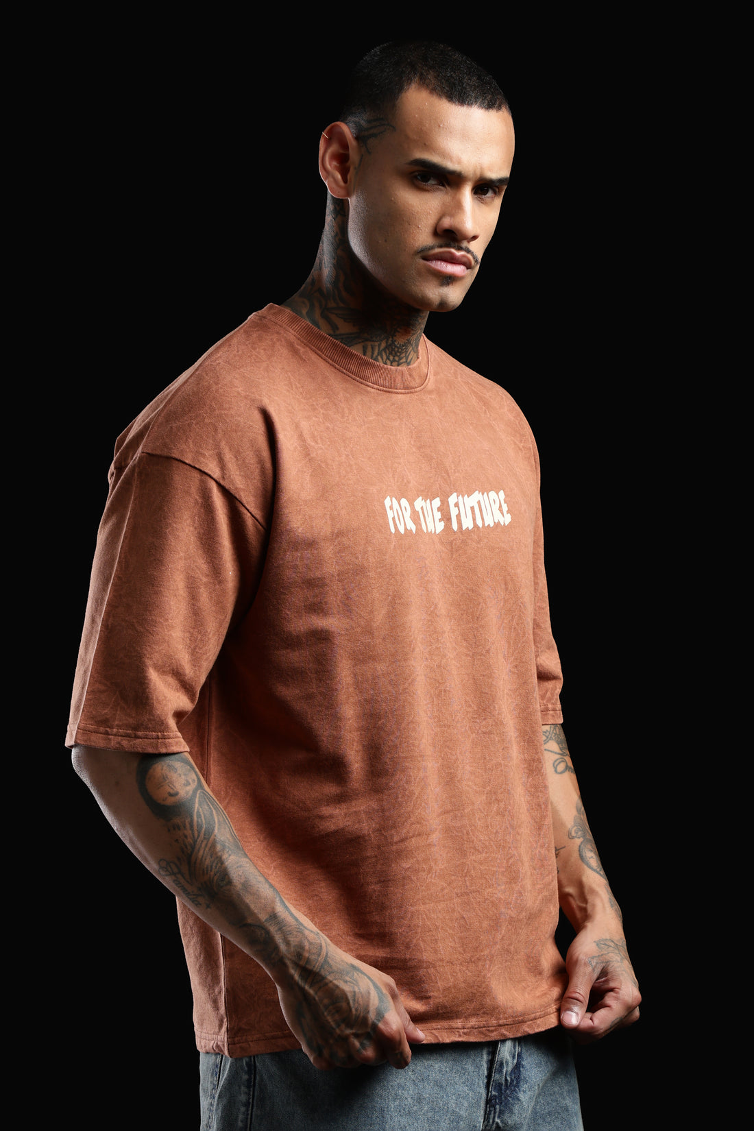 DUIT “One Step Ahead” Graphic Oversized T-Shirt – Acid Wash Rust Brown