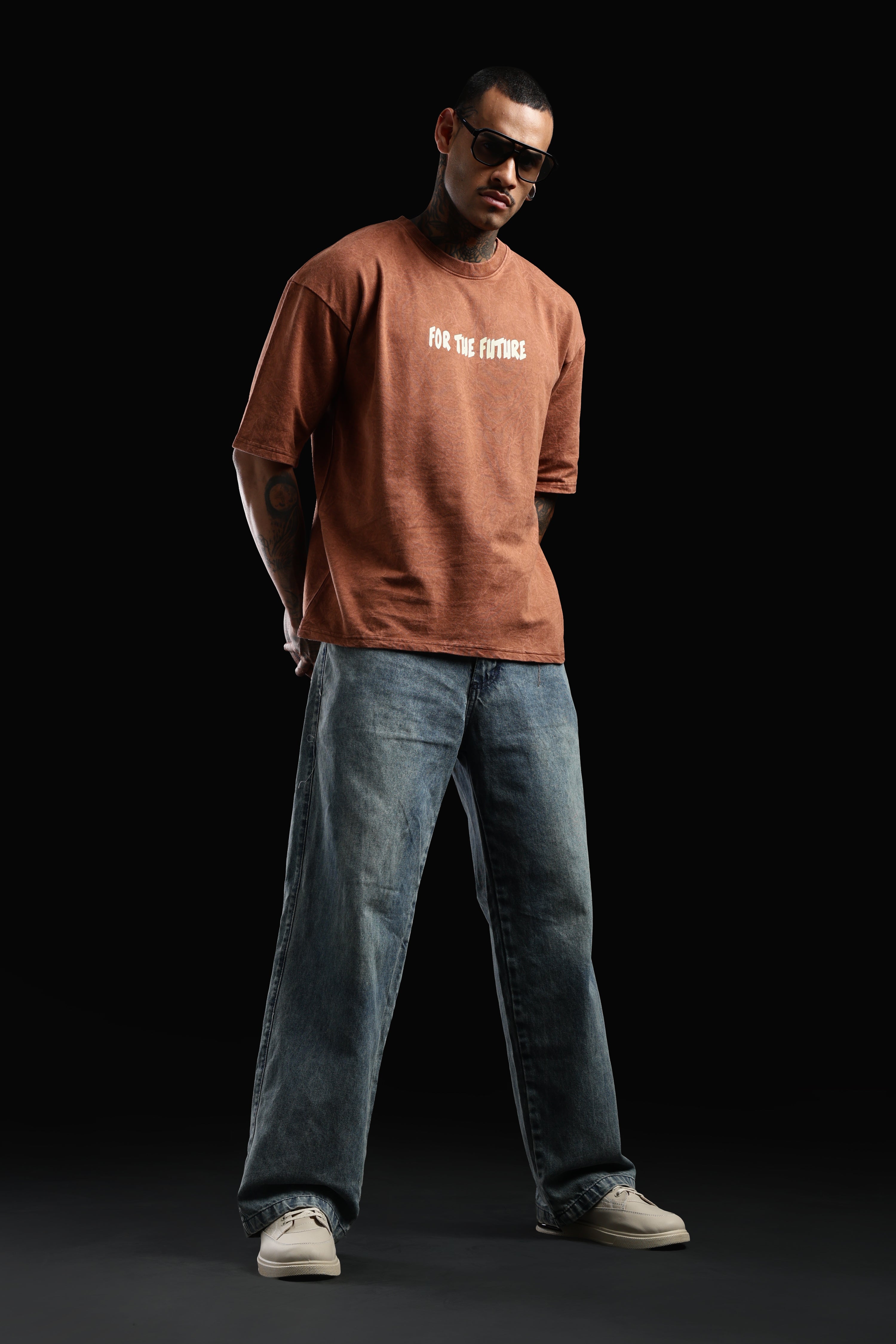 DUIT “One Step Ahead” Graphic Oversized T-Shirt – Acid Wash Rust Brown