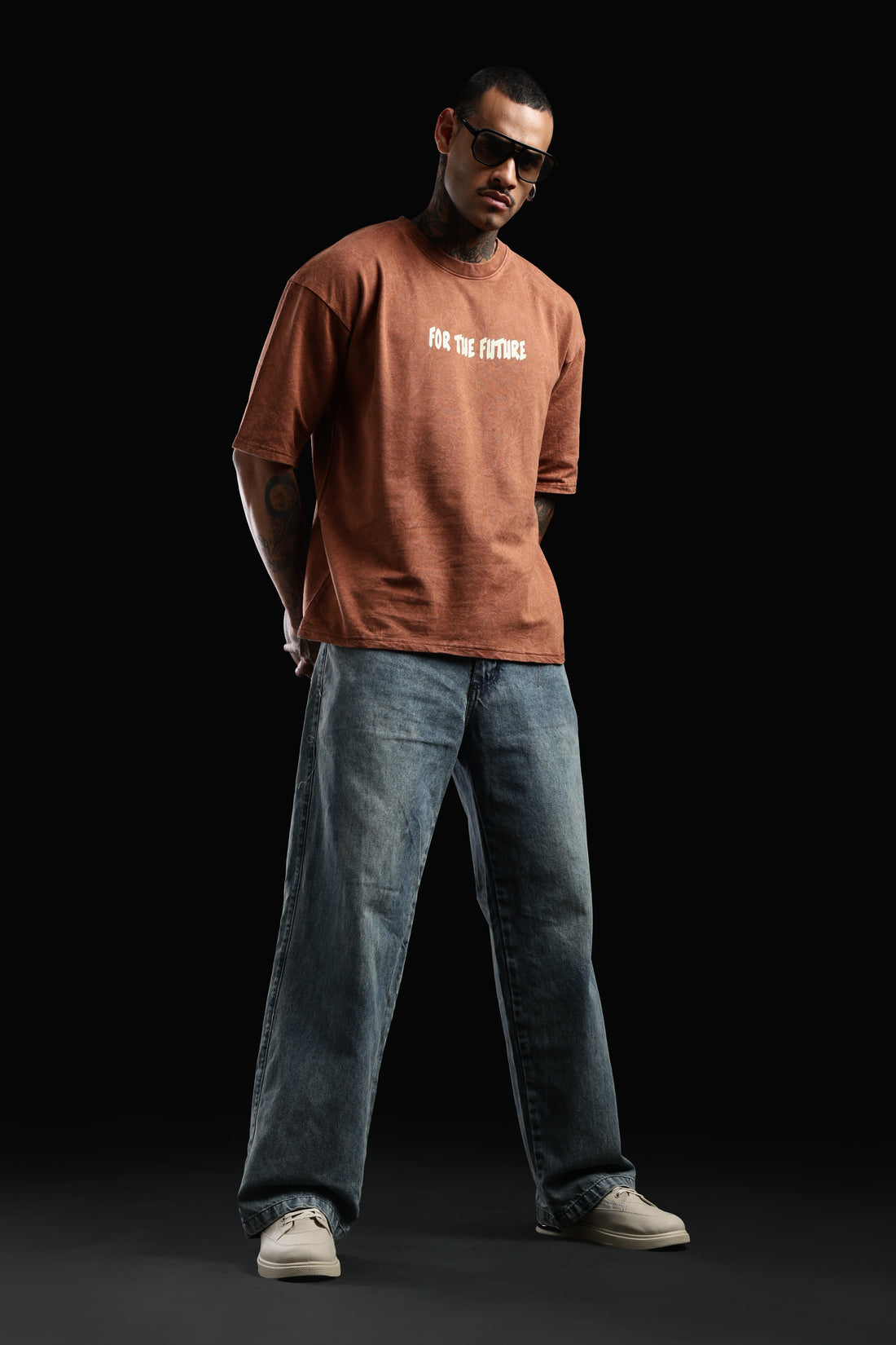DUIT “One Step Ahead” Graphic Oversized T-Shirt – Acid Wash Rust Brown