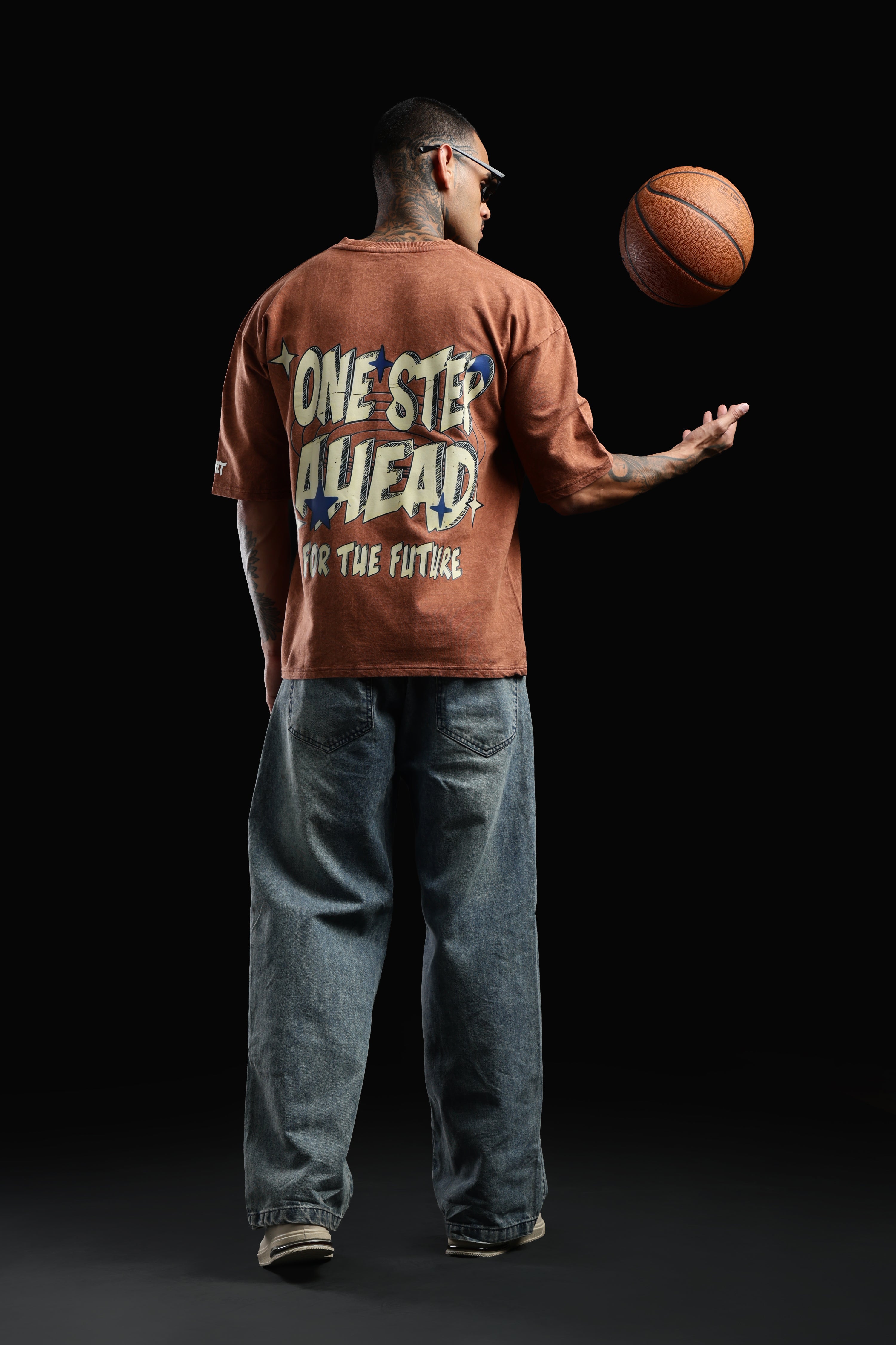 DUIT “One Step Ahead” Graphic Oversized T-Shirt – Acid Wash Rust Brown