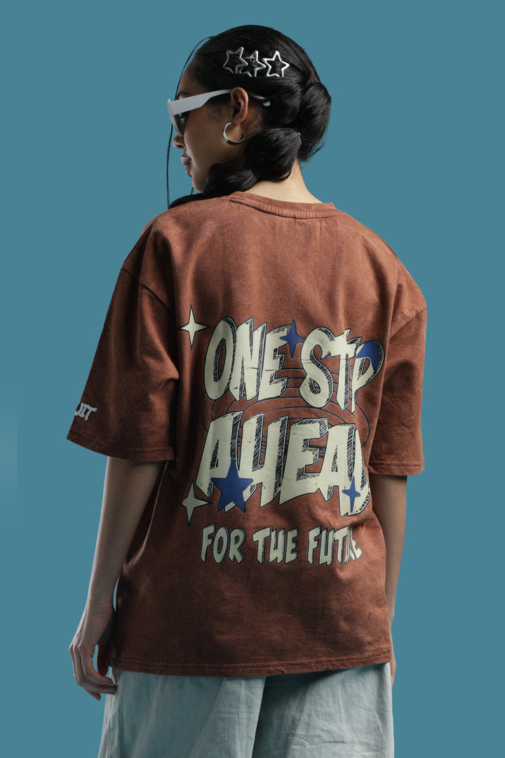 DUIT “One Step Ahead” Graphic Oversized T-Shirt – Acid Wash Rust Brown